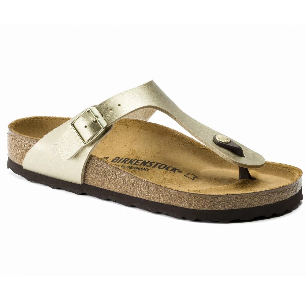 Birkenstock 39 Women’s Gizeh Sandal Birko-Flor Gold sz 8 or 8.5 leather SH278